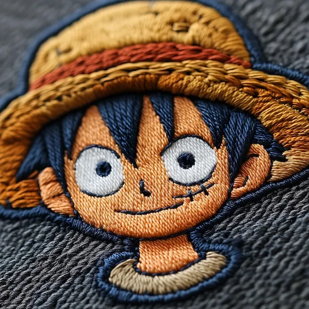 Close-up embroidered anime straw-hat hero patch with dense thread detail for premium custom hoodies
