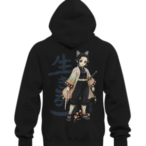Black anime hoodie featuring Shinobu Kocho Demon Slayer character design on back