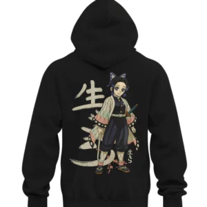 Black anime hoodie featuring Shinobu Kocho from Demon Slayer with bold kanji background design