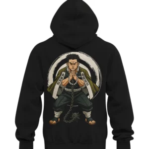 Black anime hoodie featuring Gyomei Himejima from Demon Slayer in prayer stance with weapon design