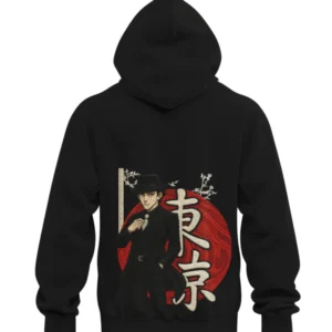 Black embroidered hoodie featuring Muzan Kibutsuji Demon Slayer in black suit and hat with red moon backdrop anime embroidered hoodie streetwear
