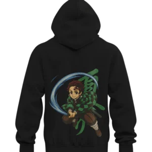 lack embroidered hoodie with Tanjiro Kamado Demon Slayer Water Breathing sword attack blue water effect anime embroidered hoodie black streetwear