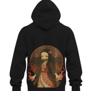 Black embroidered hoodie featuring Nezuko Kamado Demon Slayer with bamboo muzzle fire aura red circle backdrop anime embroidered hoodie streetwear