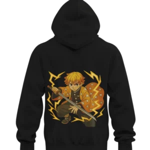 Black embroidered hoodie with Zenitsu Agatsuma Demon Slayer thunder breathing stance surrounded by yellow lightning anime embroidered hoodie streetwear