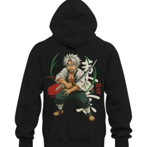 Black anime hoodie featuring Sanemi Shinazugawa from Demon Slayer with sword design
