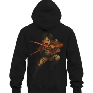 Black custom anime hoodie with embroidered Eren Yeager from Attack on Titan holding dual blades; premium fleece from CustomAnimeHoodies.com