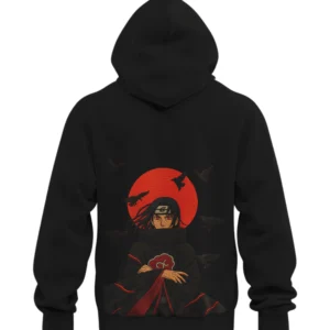 Black anime hoodie featuring Itachi Uchiha from Naruto with red moon and crows design on back.
