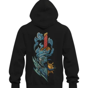 Back view of a black hoodie featuring a vertical embroidered sword design split between contrasting blue (water/air) and orange/red (fire/sun) elemental textures.