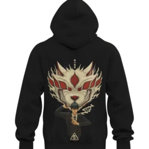 Back view of a black hoodie with detailed embroidery of a character (likely from Chainsaw Man/Jujutsu Kaisen) holding a knife, under a large, menacing white and red Kitsune/Fox mask.