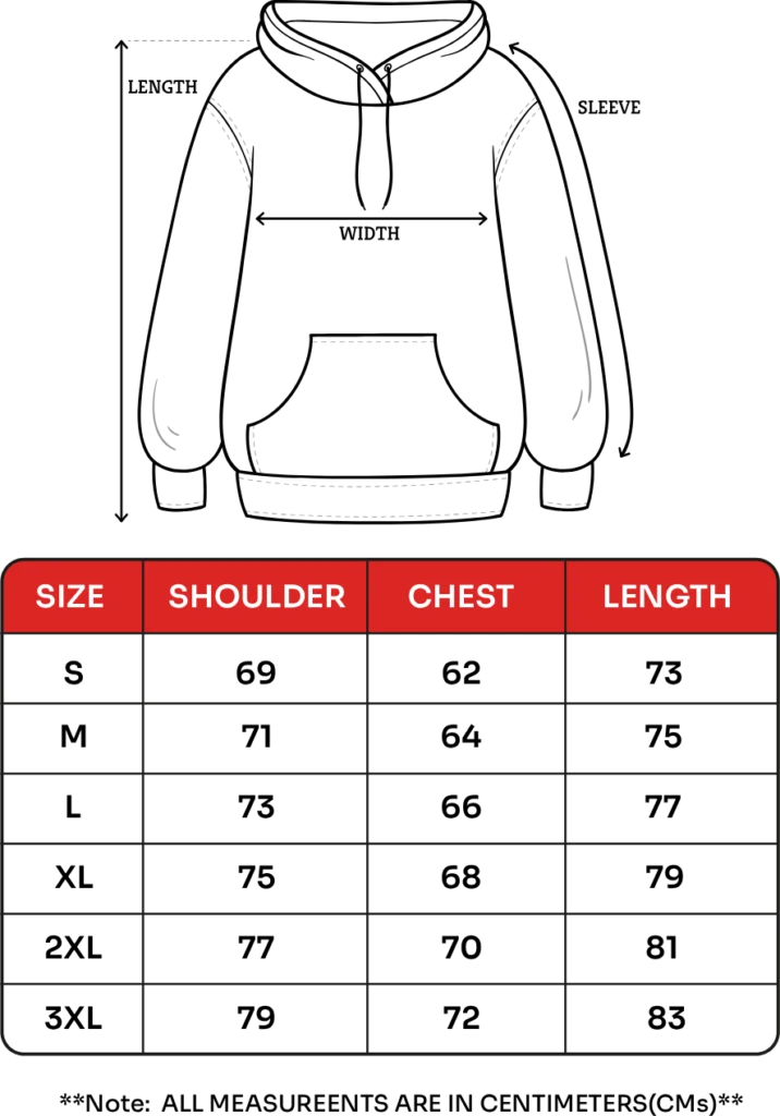 Unisex hoodie size chart with shoulder, chest, and length measurements from S to 3XL to choose the right fit