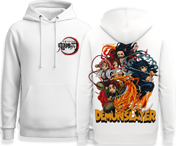 White anime hoodie with large embroidered demon slayer team back graphic and small front crest; cozy fleece, customizable
