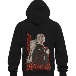 Black hoodie with Legendary Duo embroidery design showing two characters from sakamoto days