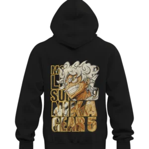 Close-up of Luffy Nika embroidered detail on black hoodie