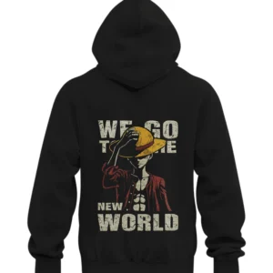 Black hoodie with Luffy “New World” embroidery design featuring straw hat and statement text