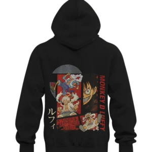 Black hoodie with Luffy Gear 5 collage embroidered design featuring multiple scenes of Monkey D. Luffy