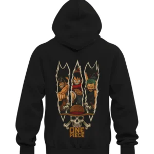 Black hoodie with One Piece trio embroidered design featuring three characters from Straw Hat Pirates
