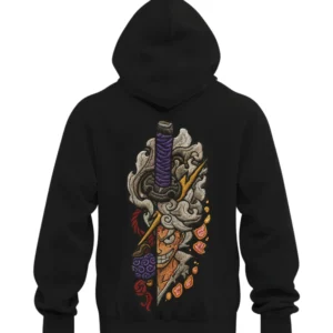 Black hoodie with embroidered Japanese Luffy from one piece oni mask and katana sword design
