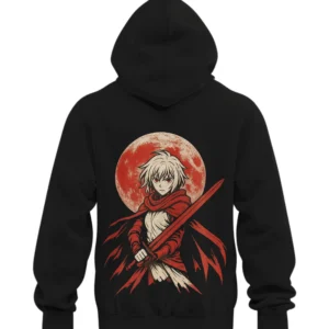 Black hoodie with anime swordsman in red cloak holding a sword under a red moon — bold Japanese anime art streetwear design.