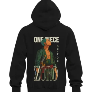 Black hoodie featuring Roronoa Zoro from One Piece in a green robe with swords and bold vintage-style text design on the back.