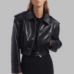 Women Leather Crop Bomber Black Jacket