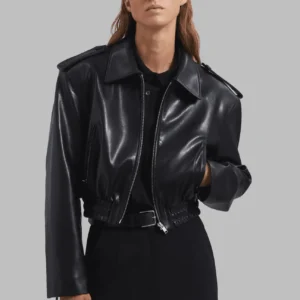 Women Leather Crop Bomber Black Jacket